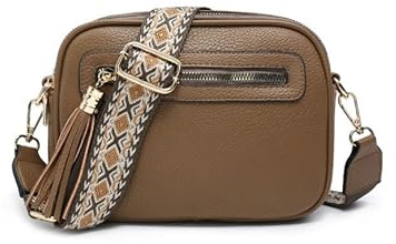 JFY Tassel Two Zipped Sections Canvas Strap Cross Body Bag (Taupe)