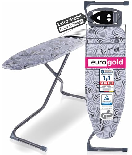 EUROGOLD Bügelbrett 120x42 cm, Nicht für Dampfbügelstationen, Plexus Grey | Stabiler Bügeltisch, höhenverstellbar zum Bügeln im Sitzen und Stehen, Baumwollbezug, TÜV-geprüft und OEKO-TEX-zertifiziert