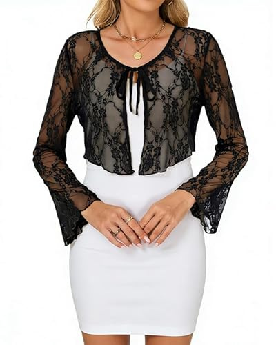Enjyam Women Bell Sleeve Sheer Mesh Lightweight Bolero Shrug with Front Tie for Spring Summer