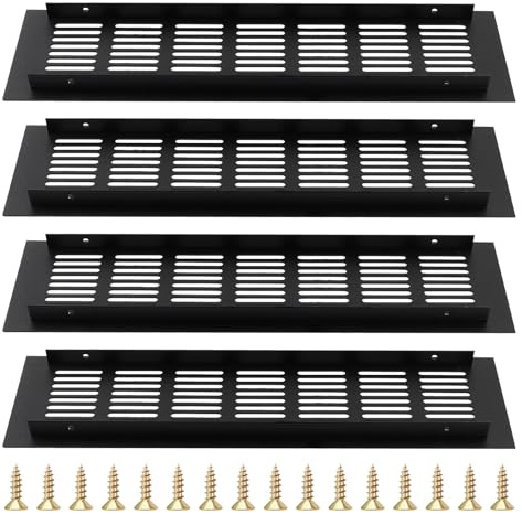 BEASAFY 4 unidades de rejillas de ventilación de color negro, 8 x 30 cm, rectangulares, de aluminio, rejillas de ventilación para puertas con tornillos, rejilla de ventilación para armarios y