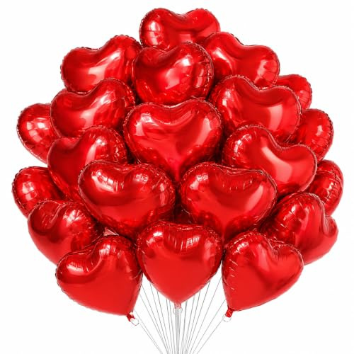 Fesnova 20 Stück Herz Ballons, 25 X 17cm Herzluftballons Rot, Luftballons Herzen Rot, Folienballon Herz Rot, für Geburtstag, Hochzeit, Verlobung, Valentinstag