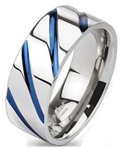 Bungsa 54 (17.2) TITAN RING silber-blau - TITANIUM Ring mit blauen Streifen für Damen & Herren - silber-blauer Damenring/Herrenring - SCHMUCKRING für Frauen & Männer - Blue Stripes Titan Ringe