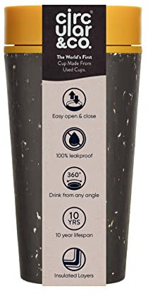 Circular and Co Leakproof Reusable Coffee Cup 12oz/340ml - The World's First Travel Mug Made from Recycled Coffee Cups, 100% Leak-Proof, Sustainable & Insulated (Black & Electric Mustard)