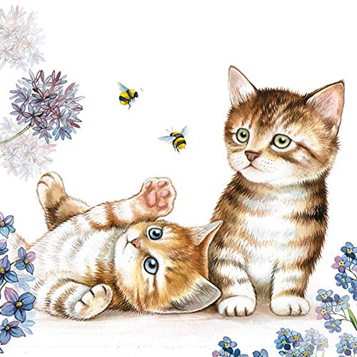 20 Servietten Katzen spielen mit Bienen | Tiere | Tischdeko 33x33cm