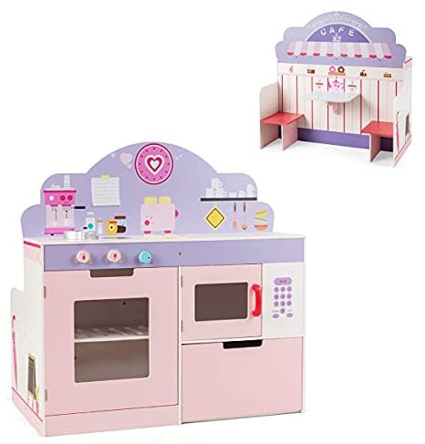 COSTWAY 2 in 1 Kids Play Kitchen, Double Sided Pretend Cooking Playset with Turnable Knobs and Storage Shelf, Simulation Cook Toy Set for Toddlers (Pink+Purple)