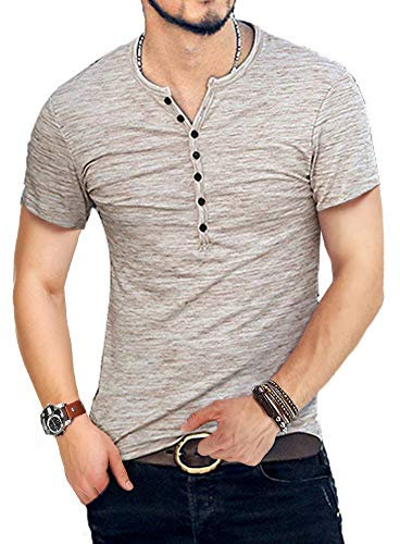 KUYIGO Mens Fashion Slim Fit Basic Henley Short Sleeve Casual T-Shirt XL Khaki