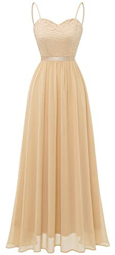 DRESSTELLS Robe de Soirée Longue Femme avec Bretelles Réglables et Dentelle Florale, Robe de Demoiselle d'honneur Élégante et Confortable pour Mariage, Bal et Autres Occasions Champagne 2XL