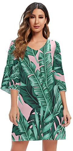 Mnsruu Tropical Monstera Leaves Pink Damen Casual Chiffon Minikleid 3/4 Ärmel V Ausschnitt, mehrfarbig, L-XL