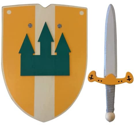 Ritter Schwert und Schild aus Holz, Handgefertigtes - Spielzeug für Kinder, Jungen und Mädchen - Kompliment für Spiele, Imitationsspiele, Kostüm, Mittelalter, Krieger, Mottoparty (Gelb, 30 cm)