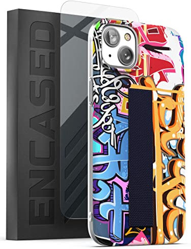 Encased Bando Series Designed for iPhone 14 PLUS Case with Hand Strap Loop and Screen Protector (Cool Graffiti Art)