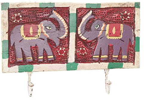 GURU SHOP Indische Vintage Hakenleiste, Garderobe, Schlüsselbrett - Elefant/Hell, Mehrfarbig, Holz, 12x25x4 cm, Wandhaken aus Holz, Metall & Keramik