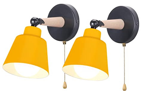 iDEGU Lot de 2 Appliques Murales Rétro Vintage E27 Luminaire Plafonnier Industriel en Bois et Métal Réglable Lampe Murale Interieur avec Interrupteur Applique Moderne pour Chambre Entrée Salon (Jaune)