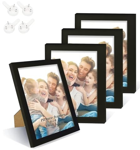 XHDA 4er Set 10x15cm Bilderrahmen Schwarz, Schwarzer Fotorahmen für Wand oder Tischdisplays Fotos, Kinderzeichnung, 4 Stück