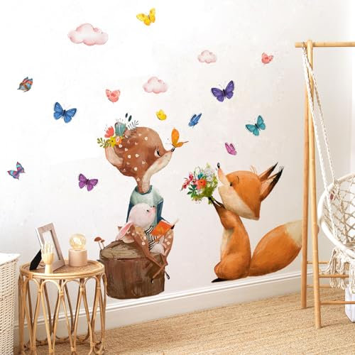 WandSticker4U®- Wandtattoo Waldtiere Kinderzimmer FUCHS & REH (78x72 cm) I Wandsticker Babyzimmer Wald Tiere Hase Wolken I Wandaufkleber Babyzimmer Kinderzimmer Deko Mädchen Junge GROß
