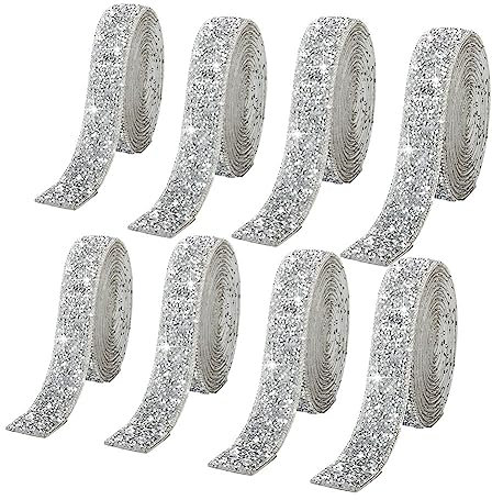 8 Rolls Silver Resin Rhinestone Ribbons Self-Adhesive Crystal Ribbon Roll Glitter Resin Diamond Belt Bling Sparkling Diamond Ribbon Bling Stickers Wrap Crystal Roll for DIY Arts Crafts,10mm