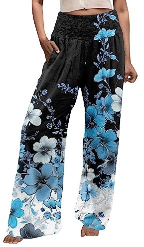 GFPGNDFHG Harenshose Frauen Leinenhose Damen 3/4 Hose Damen Sommer Damen-Hose mit fließendem Schlitz und weitem Bein, hohe Taille, lockere Bohemian-Hose in Übergröße Damen Set Hose Und Top Zumba