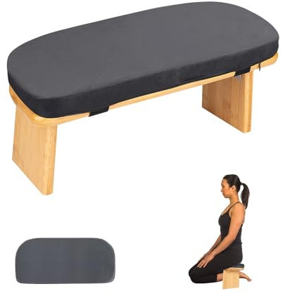 FelizMax Meditationsbank mit Kissen Faltbarer Ergonomischer Bambus Kniehocker Seiza Bank Holz Meditationshocker Stuhl Zen Lotus Yoga Hocker Boden Sitzen Gebetsbank Abnehmbares Kissen (Dunkelgrau)