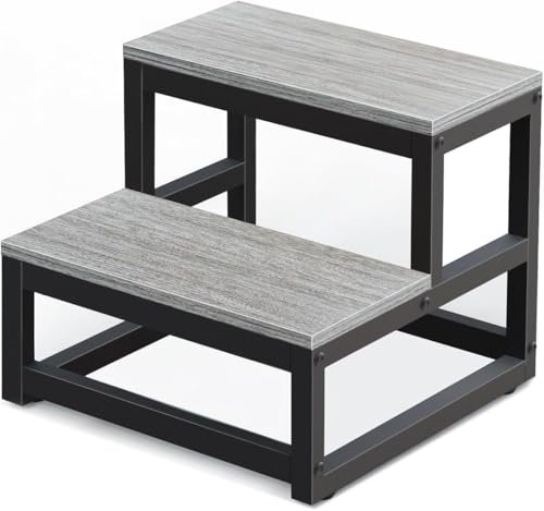 LIANTRAL Marchepied pour adultes et enfants, tabouret à 2 niveaux, en acier robuste et tabouret en bois stable, capacité de charge jusqu'à 200 kg, marchepied pour lit, cuisine, salle de bain, gris