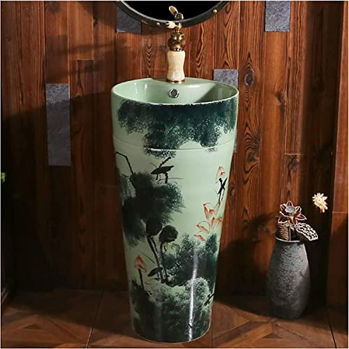 Lavabo da Bagno Artistico con Colonna Completa, lavabo da Bagno su Colonna, lavabo in Ceramica e lavandino per lavabo su Colonna (B Senza Specchio)