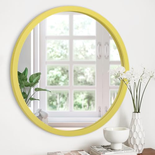 JJUUYOU Circle Wall Mirror 60 CM Wall Mounted Yellow Round Vintage Mirror for Bathroom Wood Frame Mirrors for Living Room Bedroom Washroom Dorm
