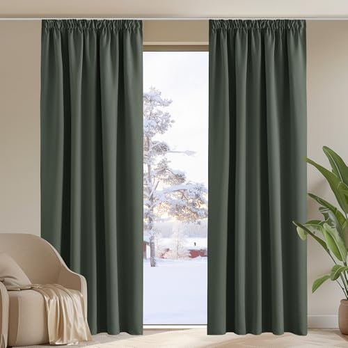 PONY DANCE Blickdichte Gardinen mit Kräuselband Übergardinen Wohnzimmere 2er Set H 260 x B 140 cm Thermovorhänge Hitzeschutz Curtains Balckout Vorhang für Schienensystem, Graugrün