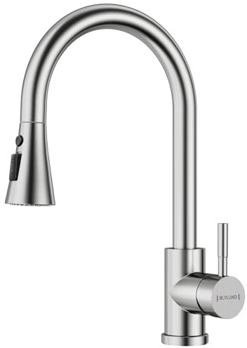 BLYLUND Grifos de cocina de níquel cepillado con ducha extensible 3 modos, acero inoxidable moderno fregadero de cocina, grifo moderno con arco alto
