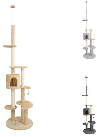 PATAM Kratzbaum für Katzen aus Natursisal mit Plüschhütte, einfache Montage und Kippschutzgurt - Höhe 246 cm Sky Beige