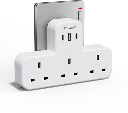 Extension Plug Socket with 3 USB, TESSAN 3 Way Plug Adapter UK with USB C Charger, Multiplug Socket Adaptor Compatible for Home, Kitchen, Office, School Supplies