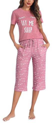 Uniexcosm Ensemble de Pyjama Femme Coton Pyjama à Manches Courtes imprimé à col Rond 3/4 Pantacourt Rose L