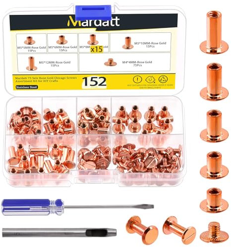 Mardatt Lot de 152 vis Chicago, 5 tailles, avec poinçon et tournevis, M5 x 5/6/8/10/12 mm, en acier au carbone, rivet Chicago, rivet en cuir, pour réparation du cuir DIY (or rose)