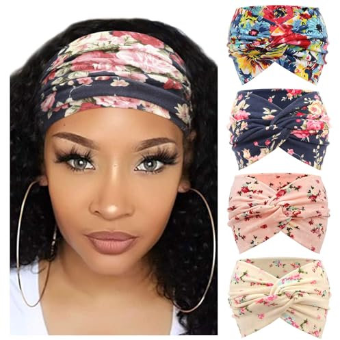 DRESHOW 4 Pièces Bandeau Cheveux Femme Boho Bandeaux Vintage Fleur Imprimé Hair Bandeau Cross Noué Élastique Bande de Cheveux Accessoire