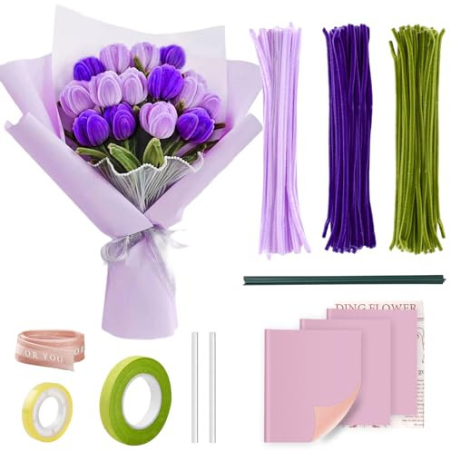 YAOZUP Tulpe Blumenstrauß Pfeifenreiniger Set, Bastelbedarf mit 90 Stück Pfeifenputzer Bunt mit 3 Farben, Pfeifenputzer Bunt zum Basteln, Chenille Stems Pipecleaners für Zum Basteln und Dekorieren