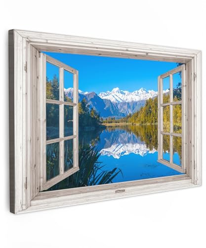 MuchoWow© Impression sur Toile Photo Peinture 120x80 cm Tableau Decoration Murale Chambre Salon Maison Deco Cuisine Vue transparente - Lac - Forêt - Montagnes - Paysage - Trompe l'oeil fenetre