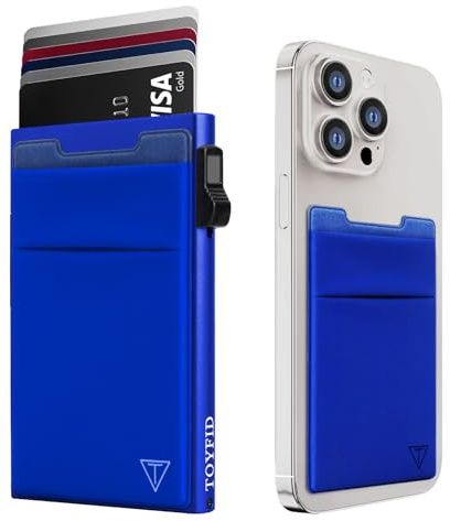 TOYFID Saphirfarbenes Aluminium Pop-up Slim Card Wallet, RFID | Pop-up-Kartenhalter mit Geldscheinfach. Lycra-Bezug. Bonus-Tuch. Automatischer Auswurf. RFID-Schutz.