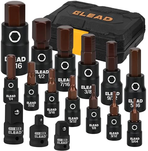 16-Piece SAE Hex Bit Impact Socket Set - Premium S2 Steel 5/64-9/16 Allen Socket Set with Socket Adapters, 1/4”, 3/8” and 1/2” Drive | Professional Mechanic Garage Tools