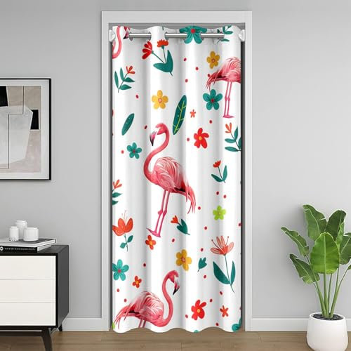 Flamingo Türvorhang 86x203cm,Tropischer Flamingo Tür Vorhang für Tür Privatsphäre,Romantische Rosa Tier Verdunkelungs Vorhang,Garten Blume Raum Teiler Vorhang,Frühling Thema Fenster Behandlung