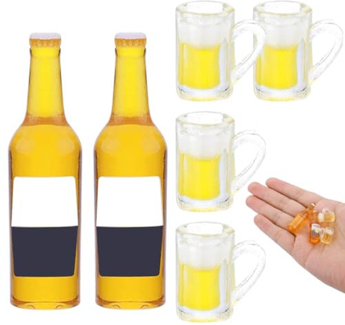 EYVRPAU 4 Stück Mini Becher mit 2 Stück Bierflaschen Realistisches Bierglas Modell Puppenhaus Zubehör,Miniatur Puppenhaus Bierbecher Flaschen Set