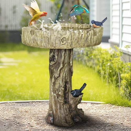 SunJet Vasca per uccelli in cemento effetto legno con uccellino decorativo finto – vaschetta per uccelli rustica e di lunga durata, migliora la decorazione di giardino, patio, cortile, prato