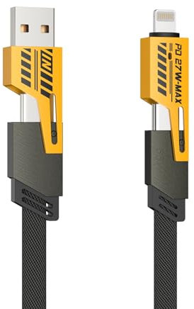 4 in 1 Multi Charger Cable | 65W Fast Charging Multi-Port Cable | USB A/C to L ightning & USB C | 120CM Nylon Braided Compatible with iPhone 15/14/13/12 Pro Max, MacBook Samsung Galaxy, Pixel (1 Pack)