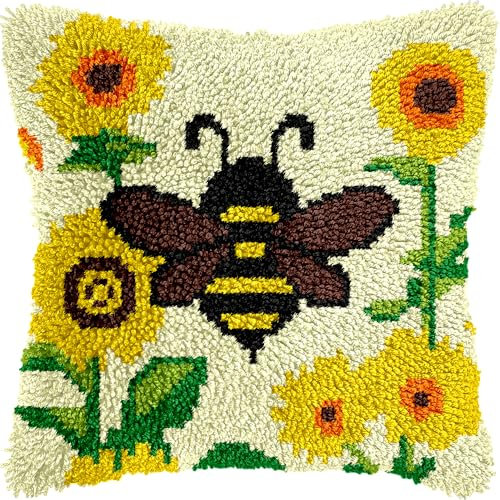 Bee Sunflower Latch Hook Kits for Adults Kids Beginners, Cute Animal & Flower Latch Hook Pillow Kit, Pre-Printed Latch Hook Rug Kits, Cross-stitch Embroidery Cushion for Home Sofa Decoration 17x17 in.