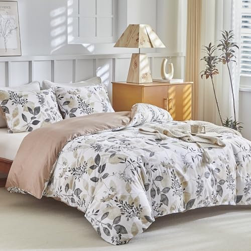 Lekesky Housse de Couette 220x240 cm avec 2 Taies d'oreiller 65x65 cm - Motif de Feuilles d'automne Parure de Lit 220x240 - Ensembles de Housses de Couette en Microfibre avec Fermetures éclair, Kaki