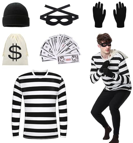 DAZZTIME Räuber Kostüm,Einbrecher Kostüm,Bankräuber Kostüm für Erwachsener, Räuber Kostüm Set,Halloween Kostümset für Räuber für Erwachsene,T-Shirt,Mütze,Handschuhen,für Karneval,Fasching,Mottoparty