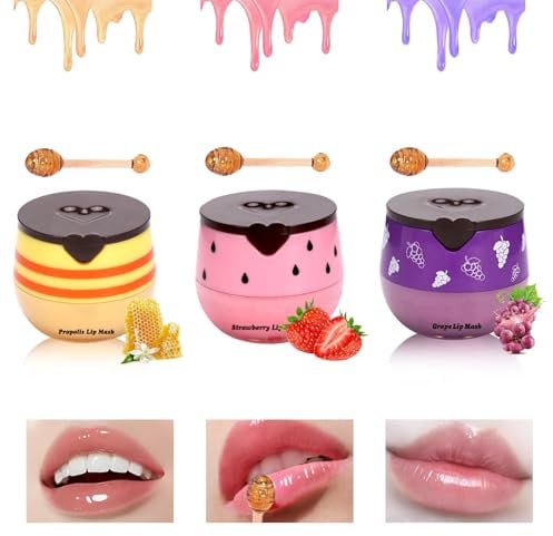 FunnAura 3 Pcs Honey Lip Bee Balm UK Lips Pot with Stick, Moisturizing (Honey, Strawberry, Grapes)