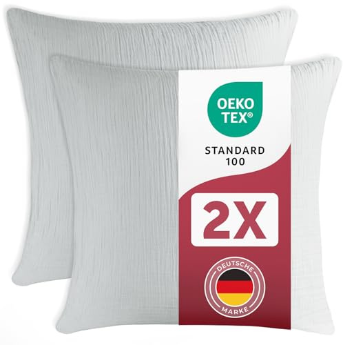 Blumtal Musselin Kissenbezug 80x80 cm 2er Set - Blau | OEKO-TEX zert. Kissenbezug Musselin aus 100% Baumwolle - extra weiches Kissen-Set waschbar bei 40 °C