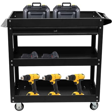 gegeweeret Rollender Werkzeugwagen,3-stufiger Werkzeugwagen,Werkzeugwagen mit Lagerschublade,Schiebeschublade mit Schlüsselschloss,150 kg, 76.3x35.3x83.5 cm (Schwarz)