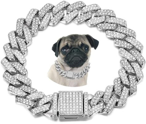 Silbernes kubanisches Glieder-Hundehalsband, Hundekette, Halskette, glitzernde Katzenkette, Halsbänder, Strass-Diamanten, für kleine, mittelgroße und große Haustiere, 30,5 cm