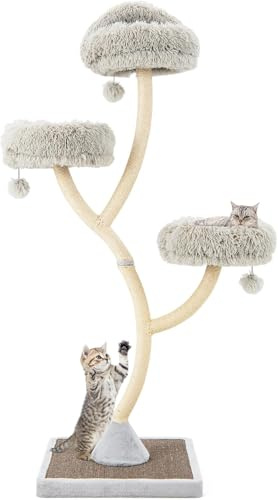 FANTASK 178cm Kratzbaum Holz mit mit 3 warmen Liegeflächen, Grau Katzenbaum groß mit Plüschbällen und Sisalstämmen, Katzenmöbel, Katzenturm mit Metallgestell