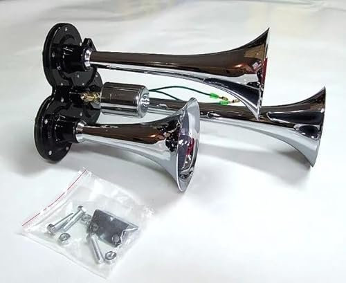 Dreiklang Fanfare 12/24V Chrom Hupe Horn Lufthorn Edelstahl Drucklufthorn 130dB Hochwertig LKW Auto Wohnwagen PKW Boot Landtechnik Traktor