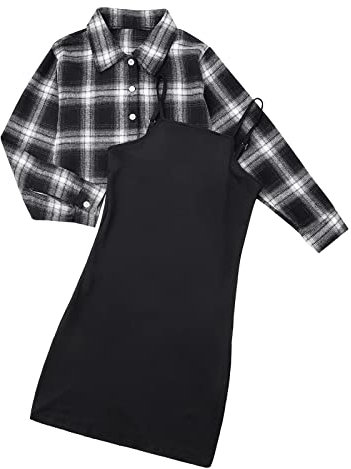 Naiyafly Kids Girl 2 Piece Outfits Girls Sleeveless Bodycon Dress with Crop Jacket Costumes Teen Girls Plaid Long Sleeve Tops + Cami Dress Set Clothing