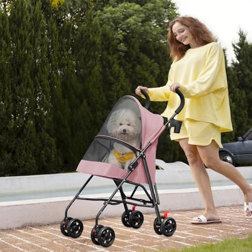 Poussette pour chien et chat 2 en 1 pliante chariot pour chat chiots, laisse de sécurité, jusqu'à 10 kg, légère, pratique, amovible, Avec porte-gobelet, 97 * 45 * 55cm-Rose